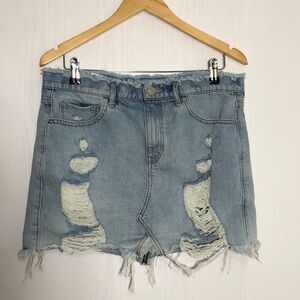 Express Mini Skirt Womens 10 Straight Denim Thrashed Light Wash Raw Hem